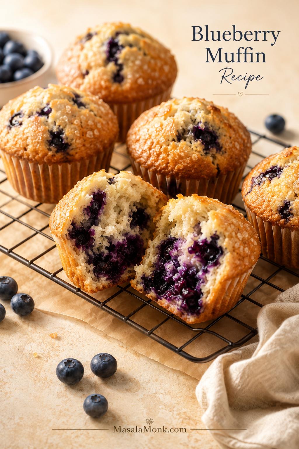 Golden blueberry muffins on a cooling rack with one muffin split open to show a soft blueberry-filled crumb.