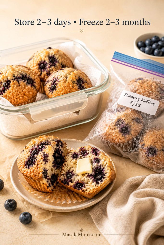 Blueberry muffins stored in an airtight container with paper towel, frozen in a labeled bag, and reheated with butter.