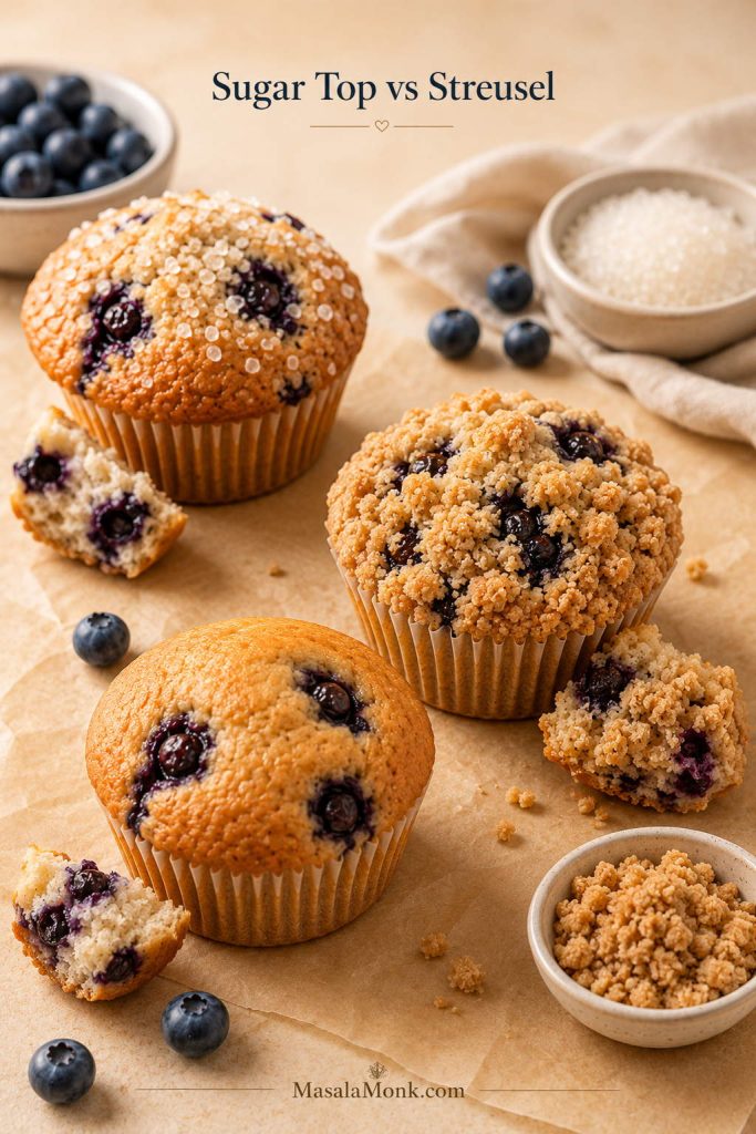 Three blueberry muffins with coarse sugar topping, streusel topping, and plain top shown with crumb pieces.