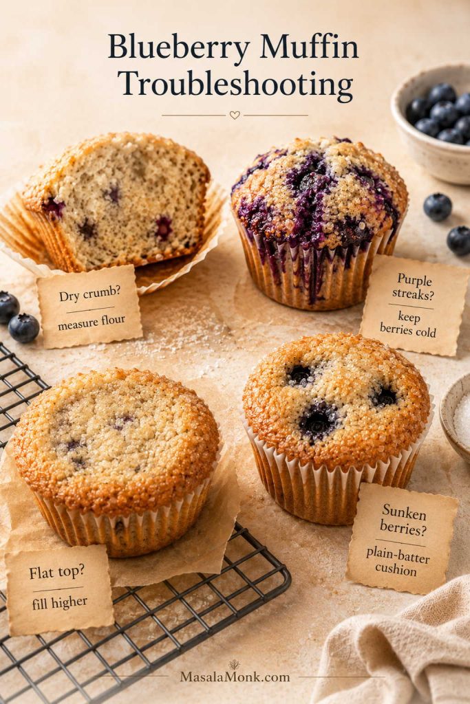 Blueberry muffin troubleshooting scene showing dry crumb, purple streaks, flat top, and sunken berries with small fix notes.