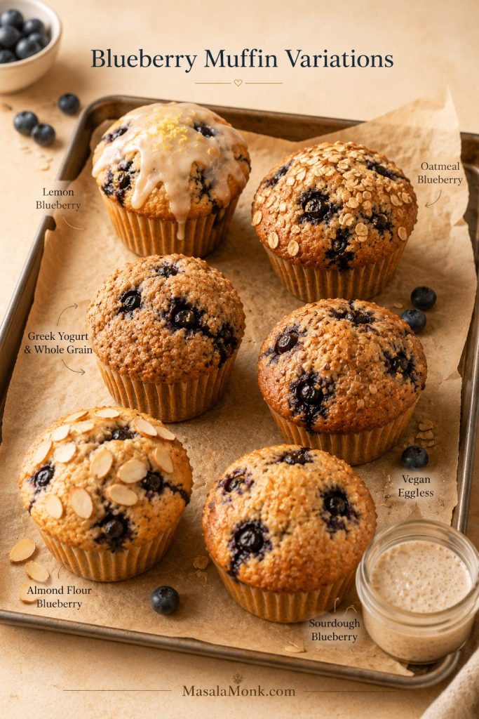 Blueberry muffin variations on a bakery tray including lemon, oatmeal, whole grain yogurt, vegan eggless, almond flour, and sourdough styles.