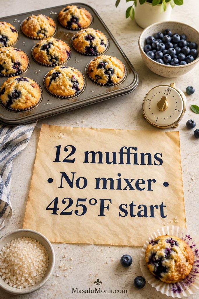 Blueberry muffins at a glance with a recipe card, muffin tin, blueberries, timer, and coarse sugar.