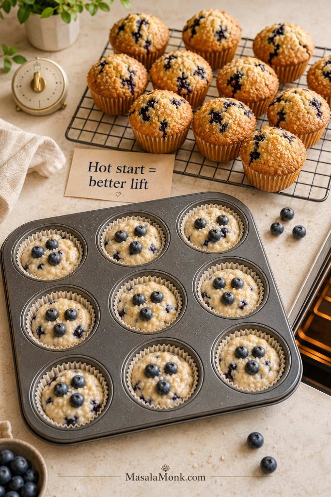 Raw blueberry muffin batter in a muffin tin with finished domed muffins cooling behind it.