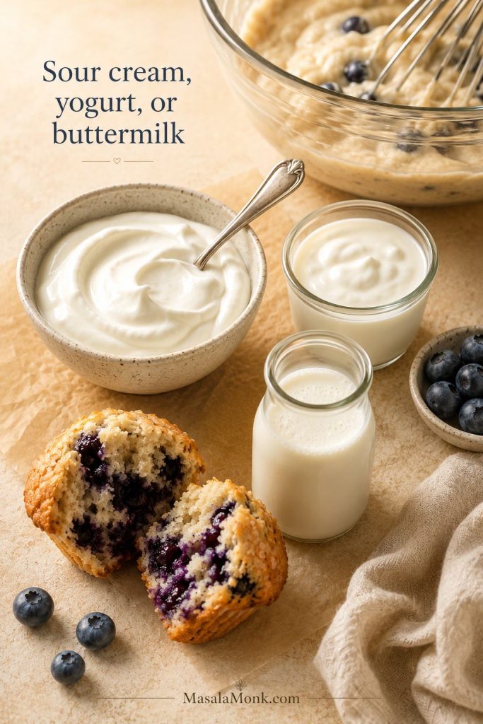 Sour cream, Greek yogurt, and buttermilk beside blueberry muffin batter and a split muffin crumb.