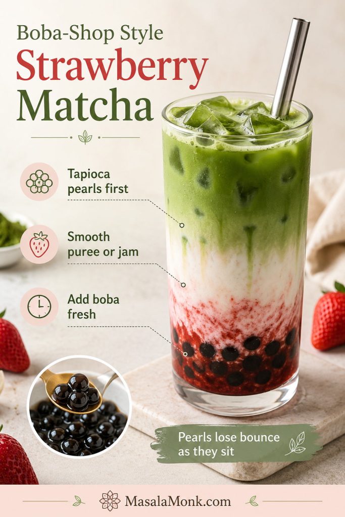 Boba-style strawberry matcha drink with tapioca pearls, strawberry base, milk, matcha, ice, and a wide straw.