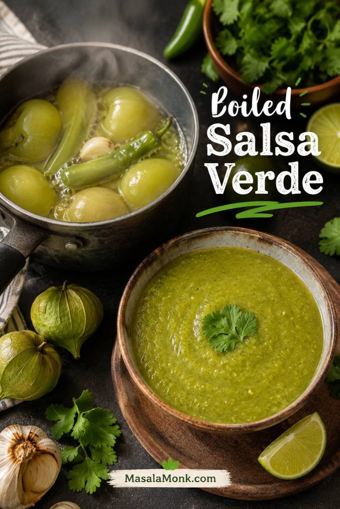 Tomatillos and green chile simmering in a pot beside a bowl of smooth boiled salsa verde