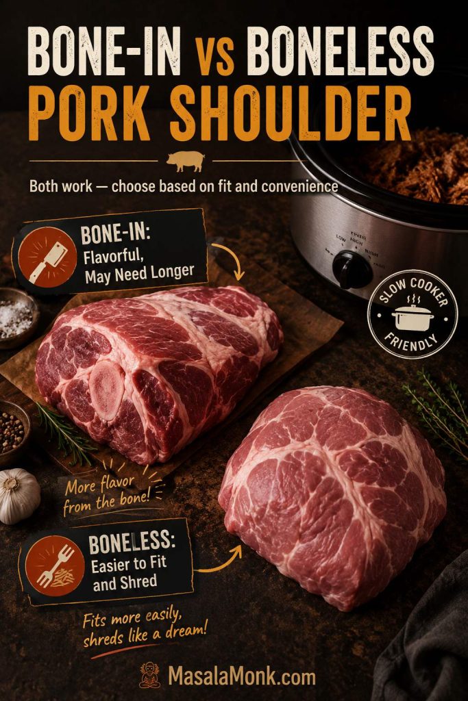 Comparison of bone-in and boneless pork shoulder for pulled pork, with notes about flavor, cooking time, fit, and shredding.