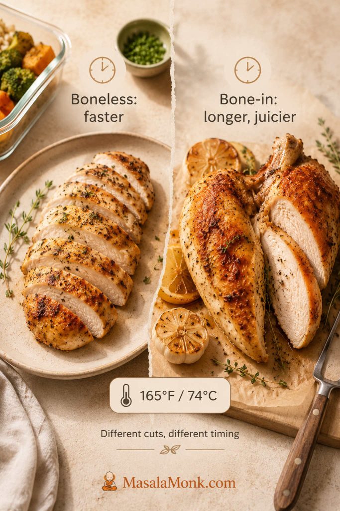 Boneless sliced chicken breast compared with bone-in split chicken breast, with 165°F / 74°C doneness cue.