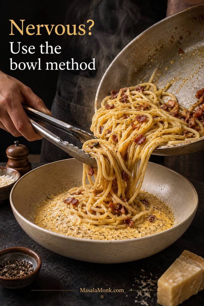Hot bacon-coated spaghetti being transferred from a skillet into a wide bowl with egg and cheese mixture.