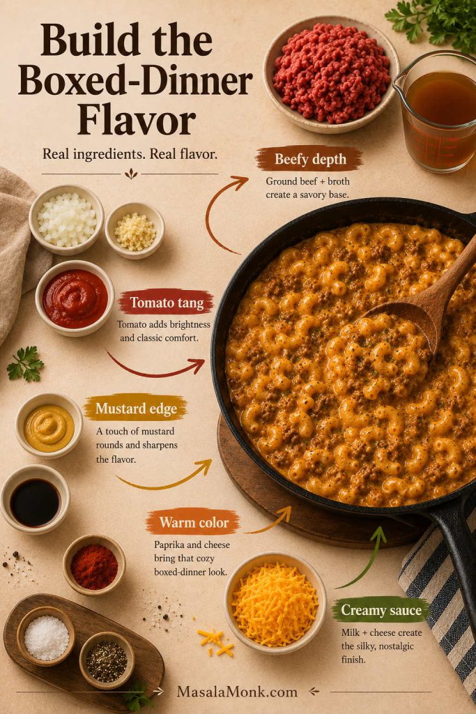 Boxed-dinner flavor map for homemade Hamburger Helper showing beefy depth, tomato tang, mustard edge, warm color, and creamy sauce.