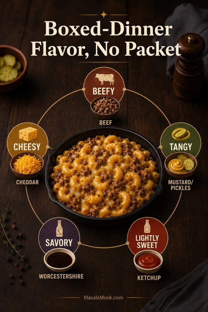 Flavor map for cheeseburger macaroni showing beef, cheddar, mustard, pickles, Worcestershire sauce, and ketchup around a skillet of pasta.