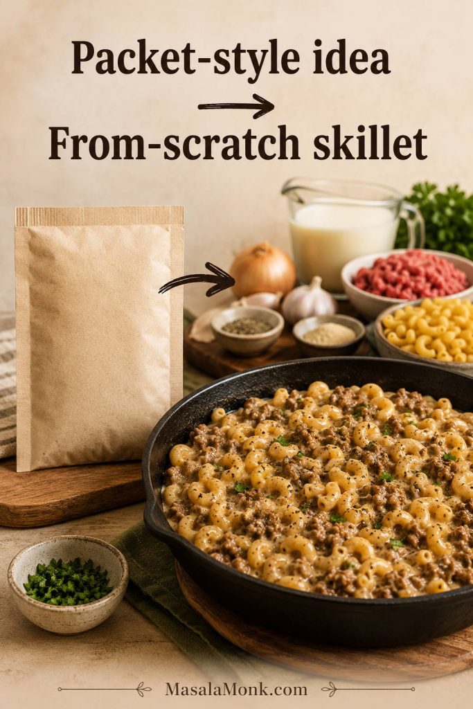 Neutral packet-style idea next to a from-scratch skillet of homemade Hamburger Helper with pasta, ground beef, cheese, milk, and seasonings.