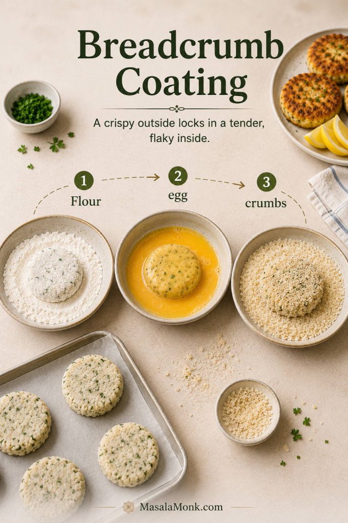 Breadcrumb coating station with flour, beaten egg, panko breadcrumbs, and a fish cake moving through the coating steps