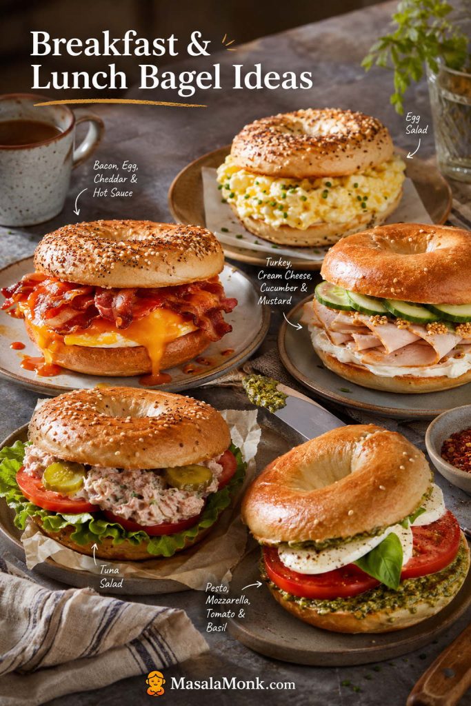 Breakfast and lunch bagels with bacon egg cheese, turkey cucumber, tuna salad, egg salad, and pesto mozzarella tomato.