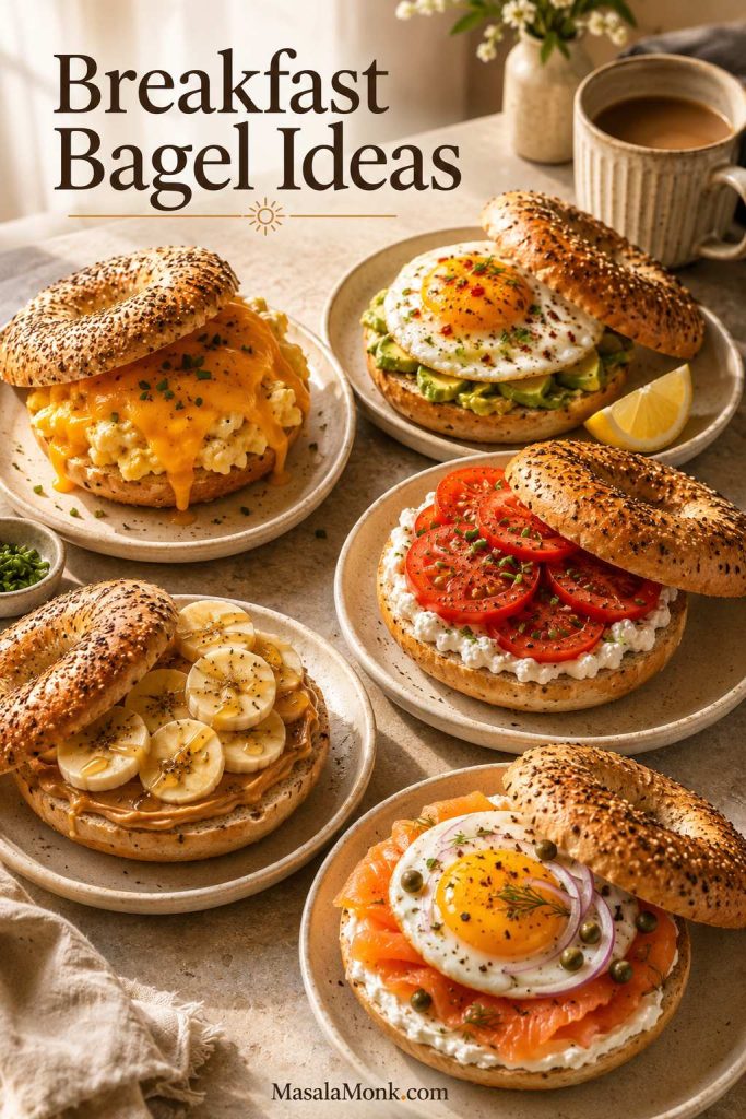 Breakfast bagels with egg and cheese, avocado egg, cottage cheese tomato, peanut butter banana, and smoked salmon egg.