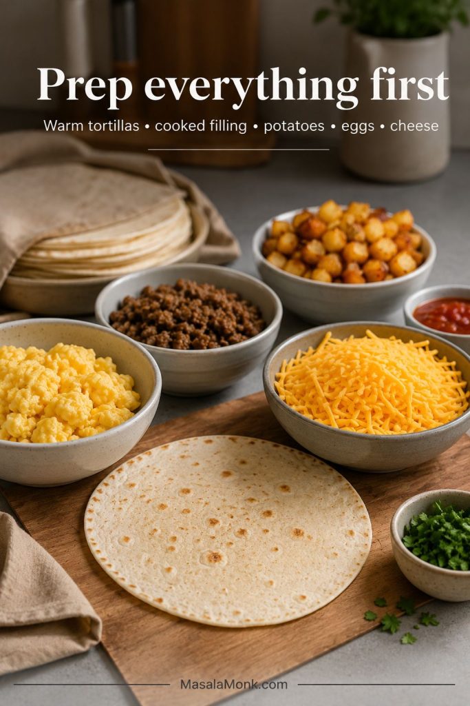 Breakfast burrito assembly station with warm tortillas, scrambled eggs, potatoes, cheese, sausage, and herbs arranged for filling