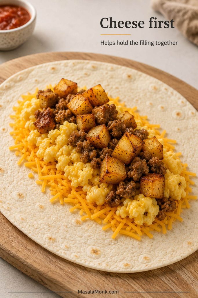 Open flour tortilla with shredded cheese added first, followed by eggs and potatoes for a breakfast burrito