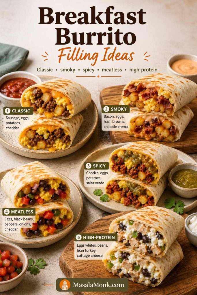 Variation board showing classic, smoky, spicy, meatless, and high-protein breakfast burrito filling ideas