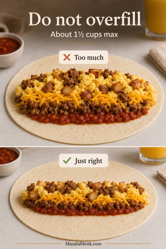 Comparison showing an overfilled breakfast burrito tortilla beside a correctly filled tortilla with a narrow filling line