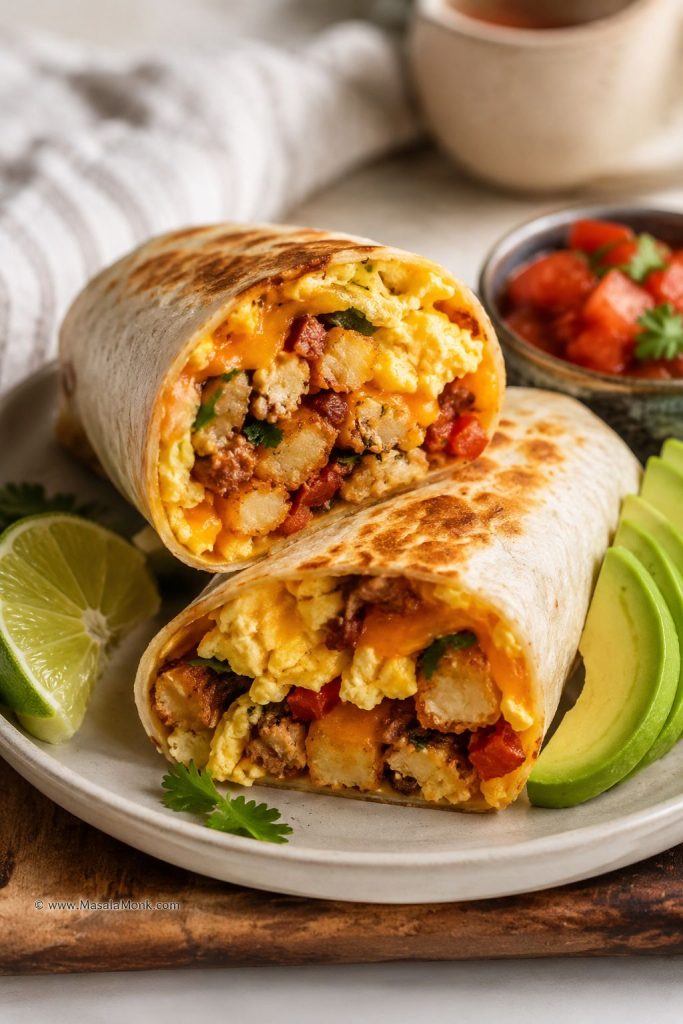 Finished breakfast burrito served with avocado, salsa, and sauce on a plate