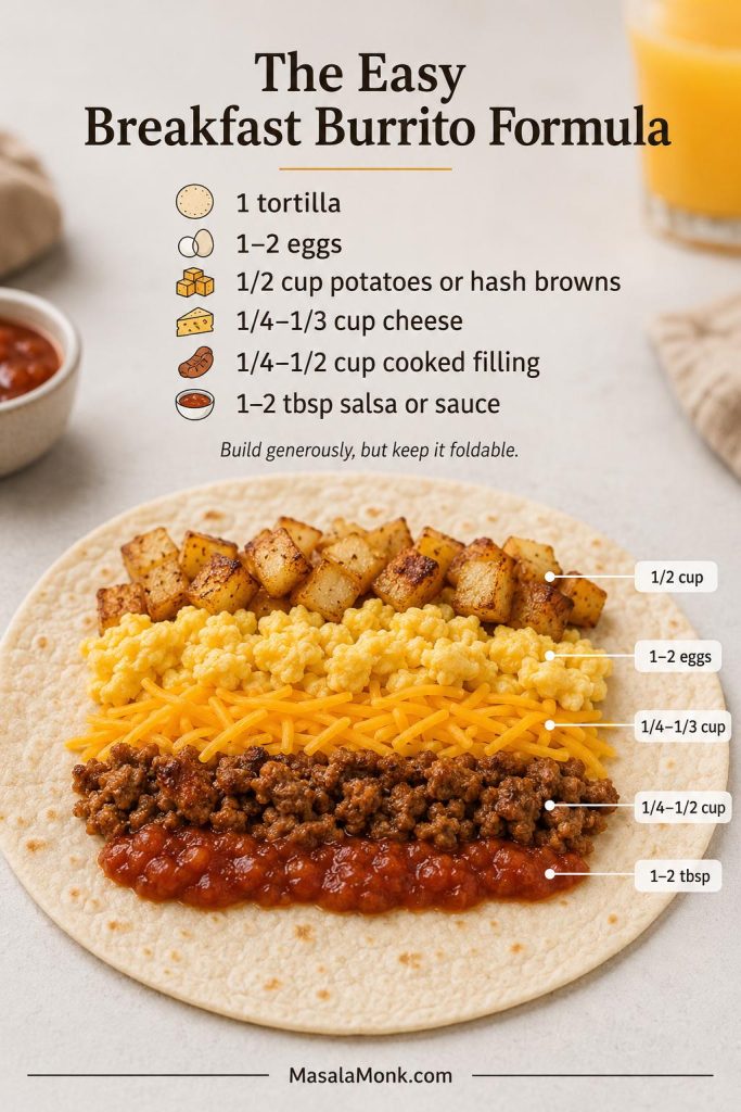 Open flour tortilla with measured breakfast burrito fillings arranged to show eggs, potatoes, cheese, filling, and sauce amounts