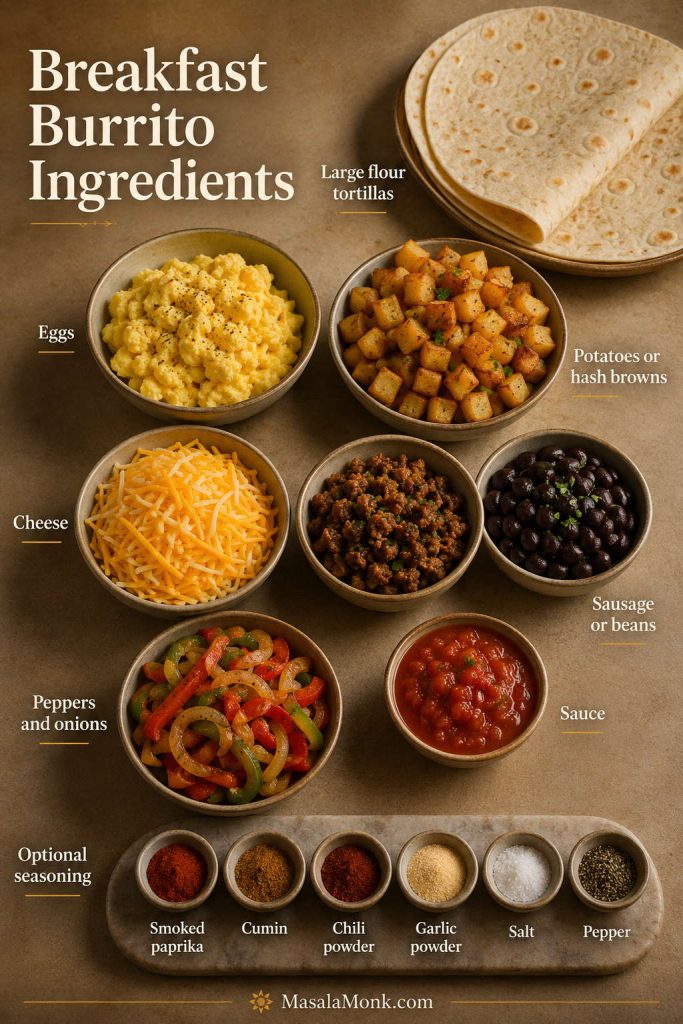 Ingredient board showing tortillas, eggs, potatoes, cheese, sausage, beans, vegetables, sauce, and seasonings for breakfast burritos