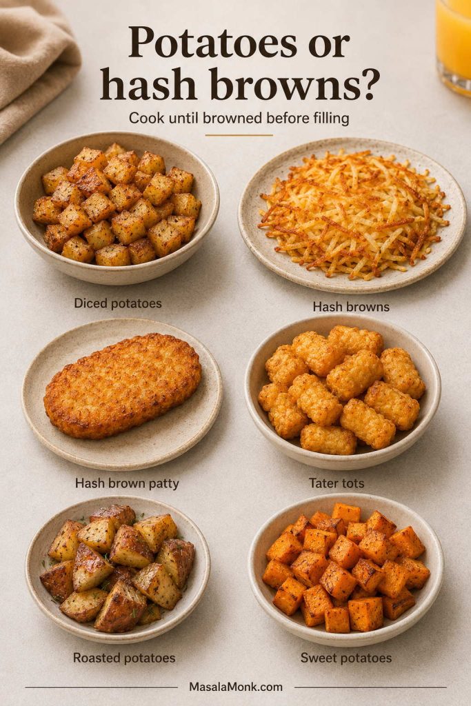 Guide showing diced potatoes, hash browns, hash brown patties, tater tots, roasted potatoes, and sweet potatoes for breakfast burritos