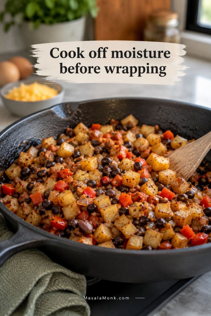 Breakfast burrito filling with potatoes, black beans, peppers, onions, and cooked vegetables in a skillet.