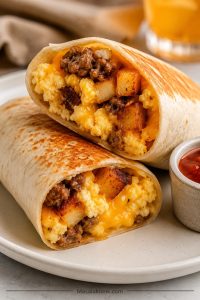 Toasted breakfast burrito cut open on a plate, showing scrambled eggs, browned potatoes, melted cheese, and sausage inside a flour tortilla.