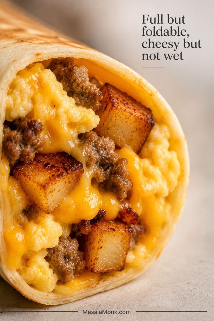 Close-up of a cut breakfast burrito with soft eggs, potatoes, melted cheese, and sausage visible inside