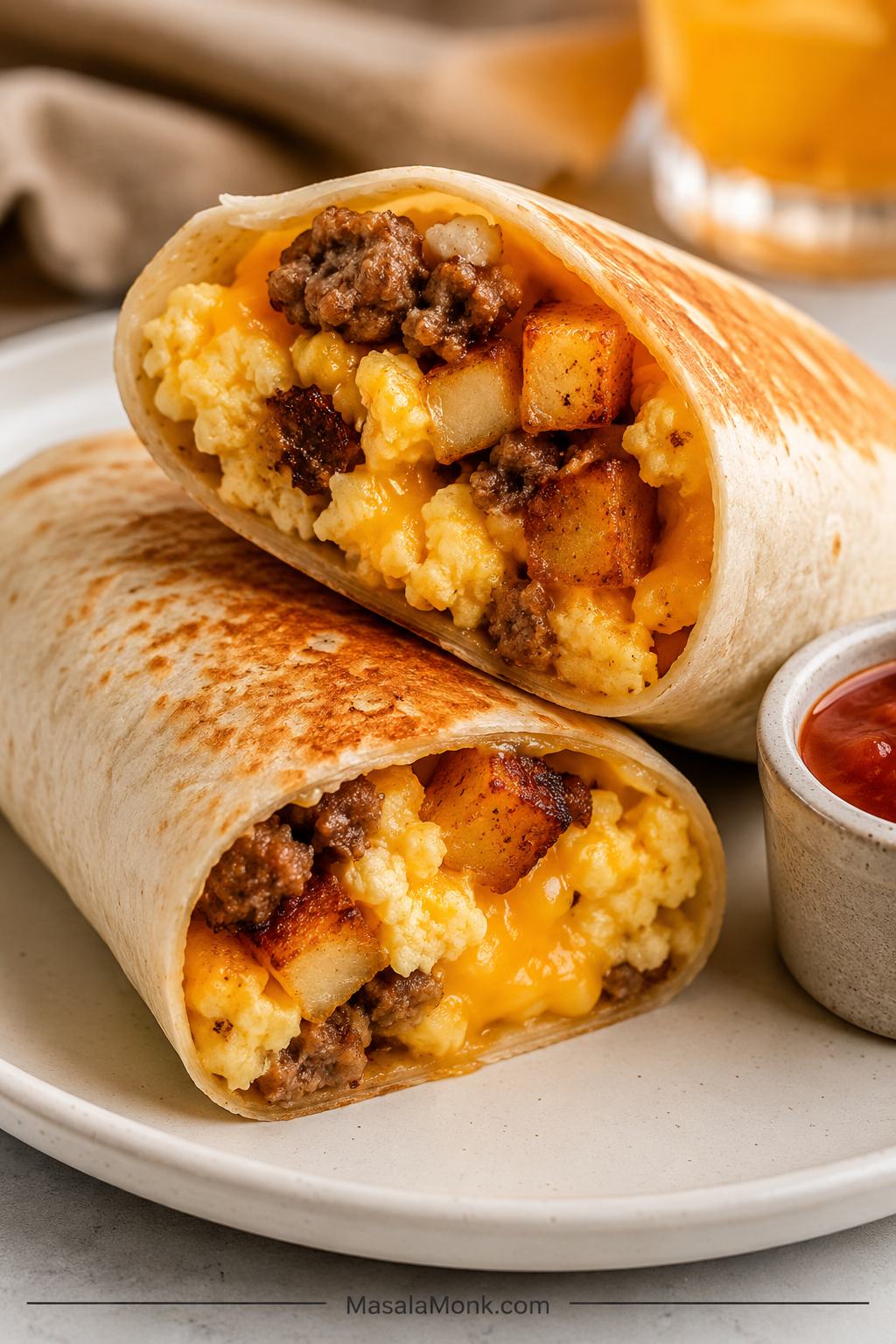 Toasted breakfast burrito cut open on a plate, showing scrambled eggs, browned potatoes, melted cheese, and sausage inside a flour tortilla.