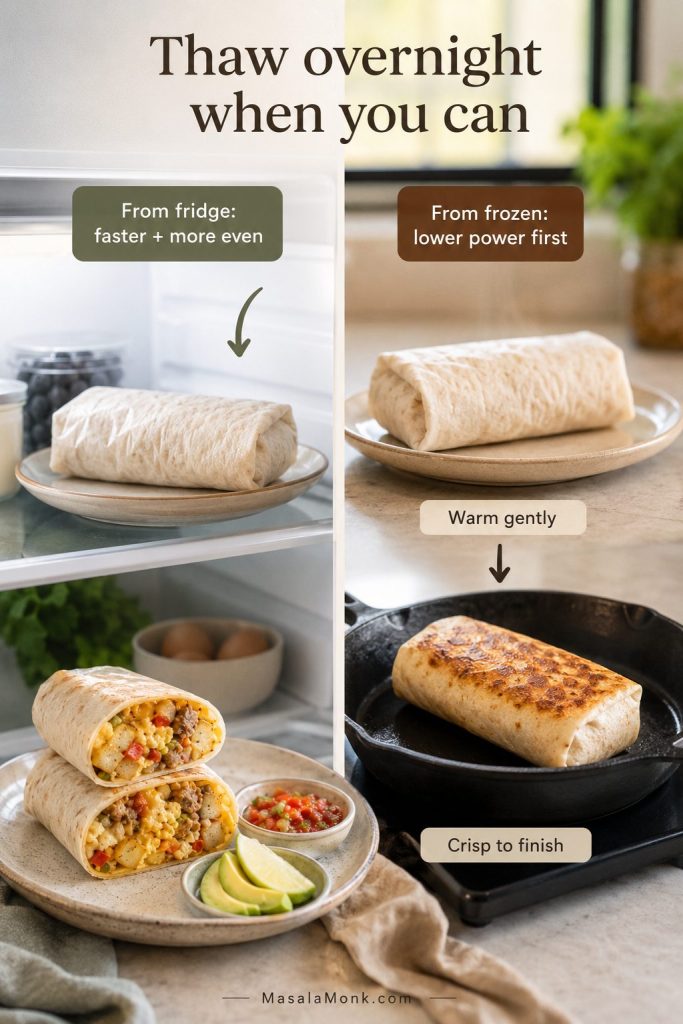 Breakfast burrito reheating workflow showing thawing overnight in the refrigerator or warming from frozen before crisping.