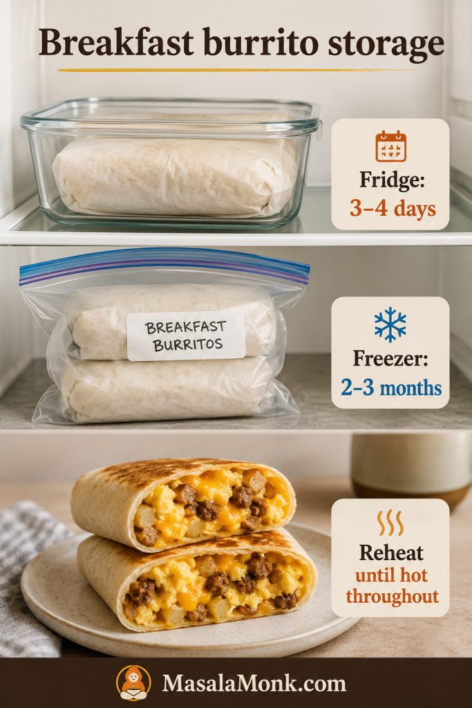Storage guide showing wrapped breakfast burritos for the refrigerator, wrapped burritos in a freezer bag, and a reheated cut burrito