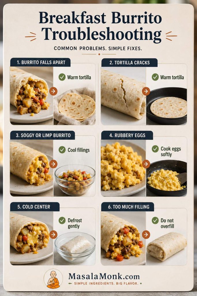 Troubleshooting guide for breakfast burritos showing common problems such as cracked tortillas, soggy burritos, rubbery eggs, and cold centers