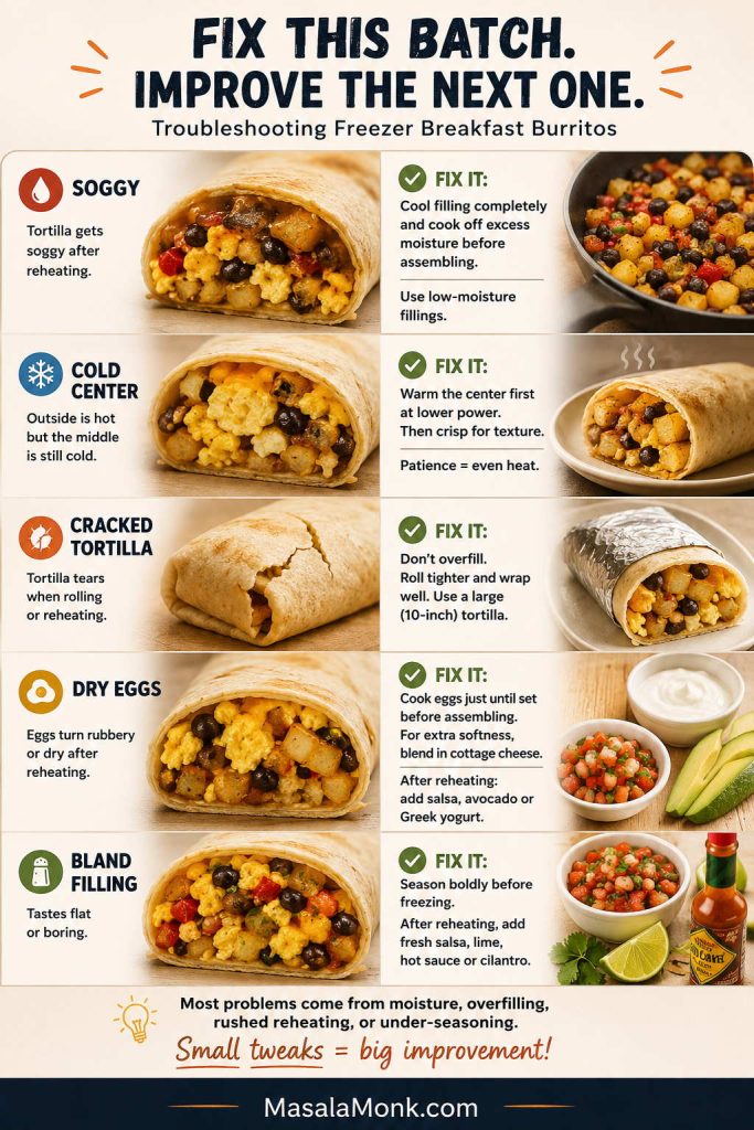 Troubleshooting guide for freezer breakfast burritos showing soggy tortillas, cold centers, cracked tortillas, dry eggs, and bland filling with fixes.