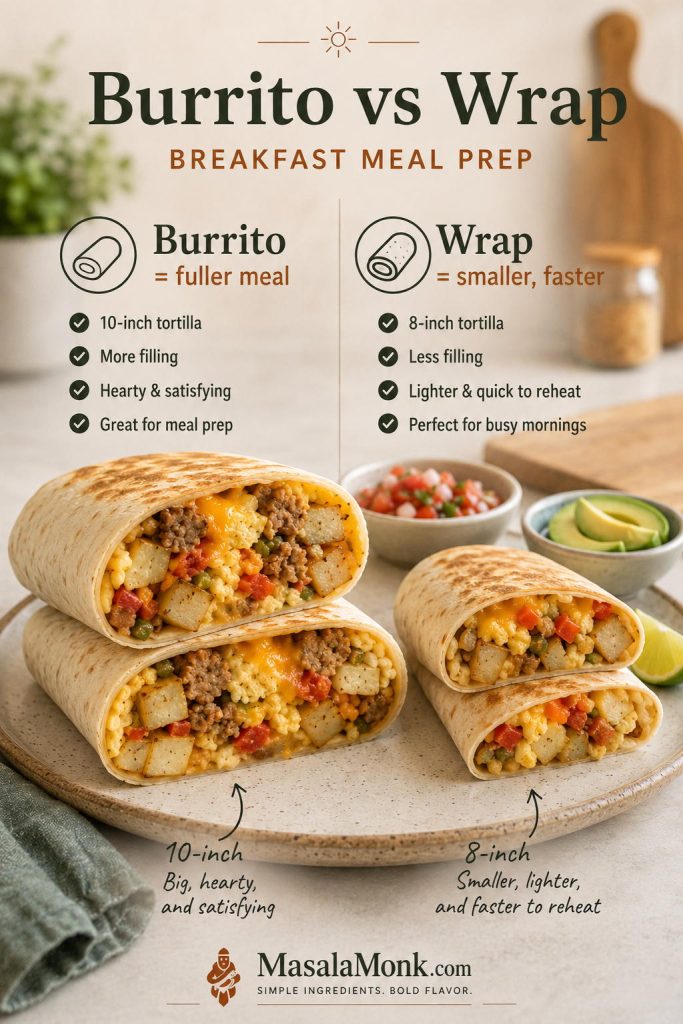 Large breakfast burrito compared with a smaller breakfast wrap, both cut open to show eggs, potatoes, cheese, peppers, and protein.