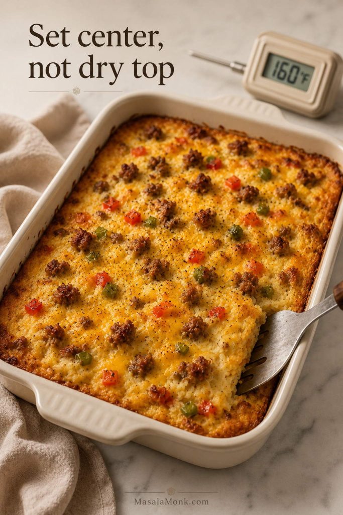 Finished breakfast casserole with hash browns, golden edges, set center, sausage, peppers, cheese, and thermometer cue.