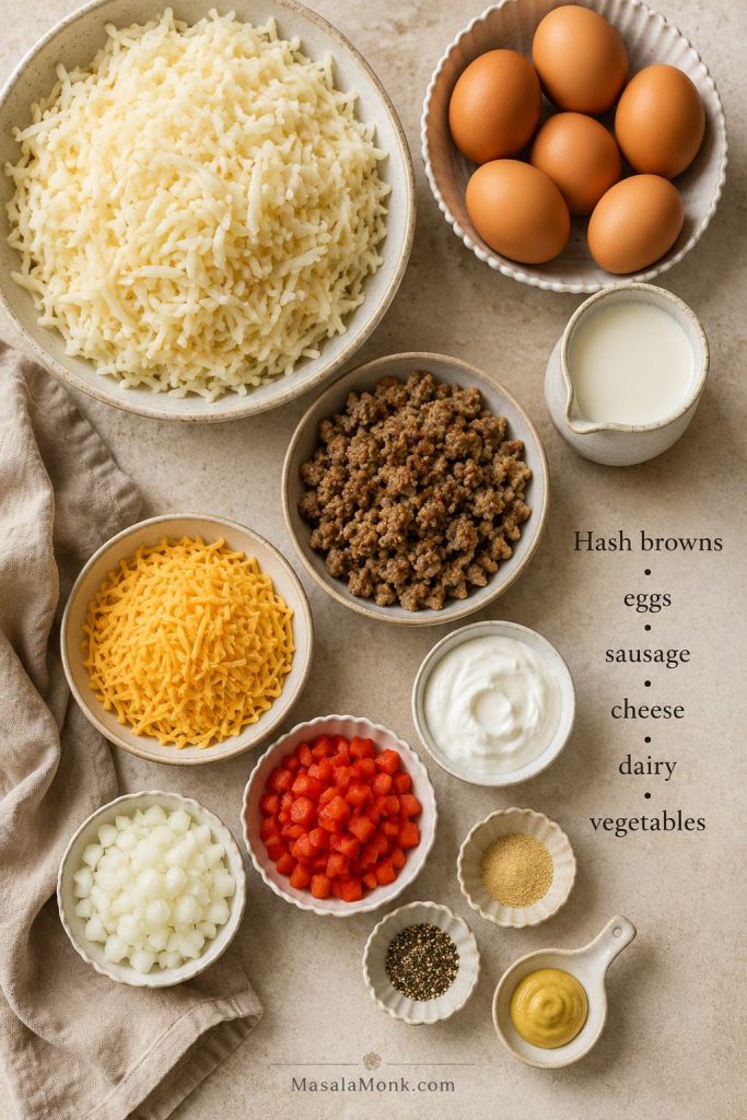 Ingredients for breakfast casserole with hash browns, including eggs, sausage, cheese, dairy, peppers, onion, seasonings, and thawed potatoes.