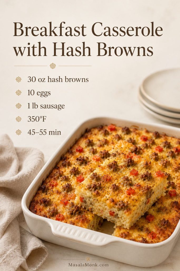 Recipe card for breakfast casserole with hash browns showing 30 ounces hash browns, 10 eggs, 1 pound sausage, 350°F, and 45 to 55 minutes.