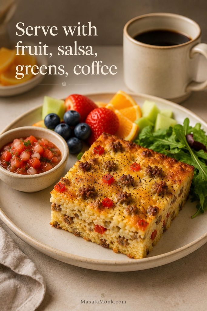 Breakfast casserole with hash browns served with fruit, salsa, greens, and coffee on a brunch plate.