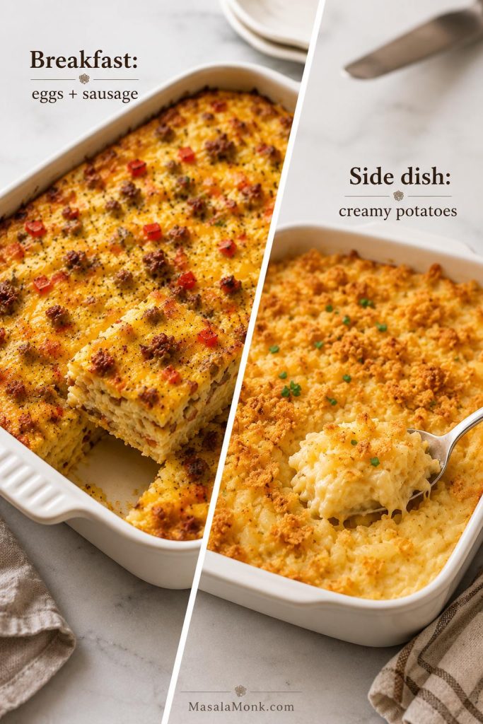 Split comparison of egg-based breakfast casserole with hash browns and creamy side-dish hashbrown casserole.