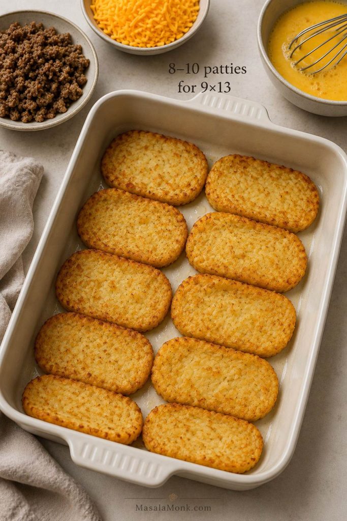 Frozen hash brown patties arranged in a 9×13 baking dish with sausage, cheese, and eggs nearby.