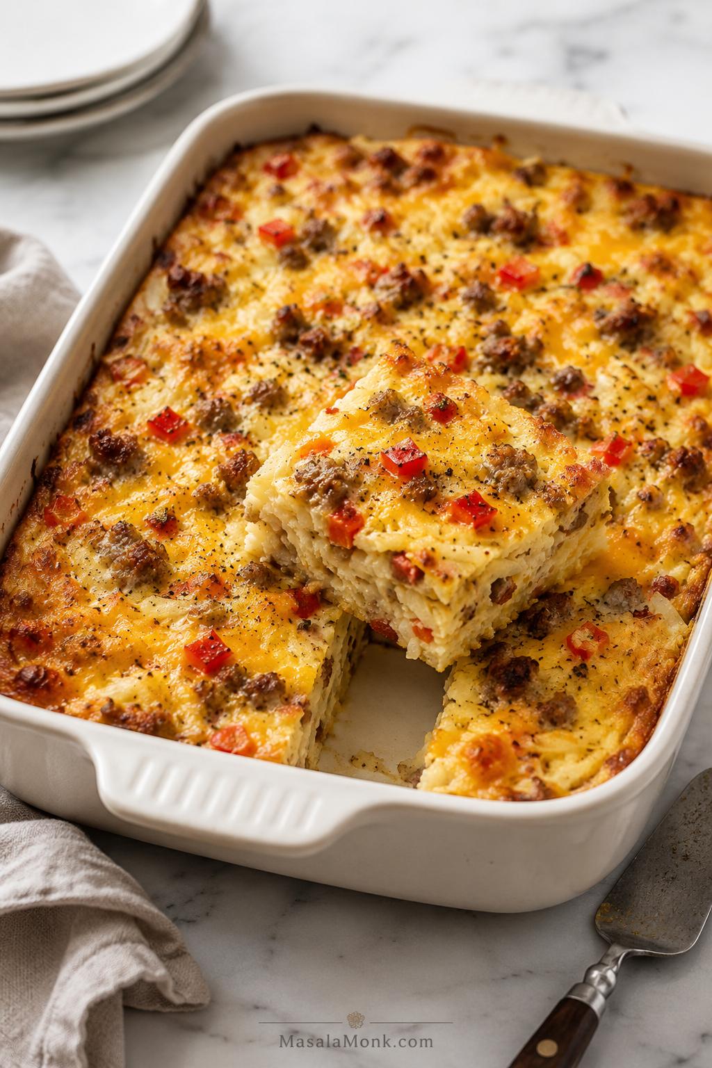 Breakfast casserole with hash browns, sausage, eggs, cheese, peppers, and golden edges in a 9x13 baking dish.