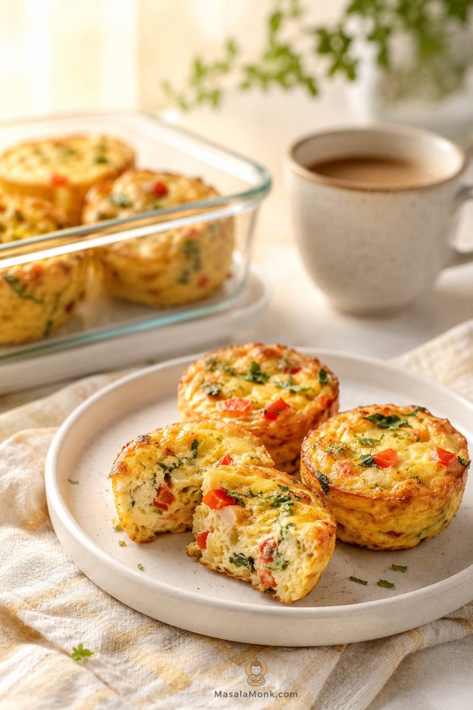 Warm breakfast scene with egg muffin cups on a plate, one cut open, a glass storage container, and a cup of coffee.