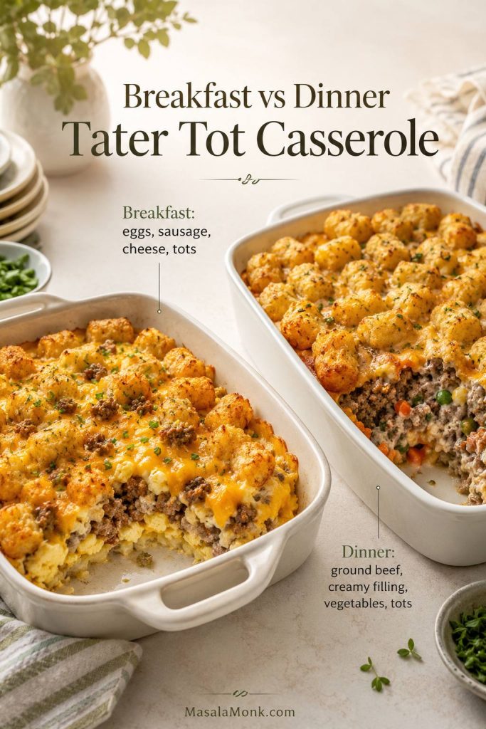 Comparison of breakfast tater tot casserole with eggs and sausage and dinner tater tot casserole with ground beef and creamy filling.