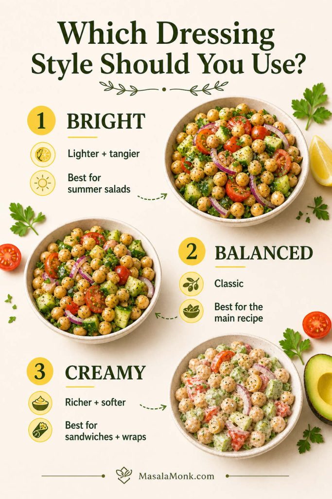 Comparison board showing bright, balanced, and creamy dressing styles for chickpea salad with short notes about each style.