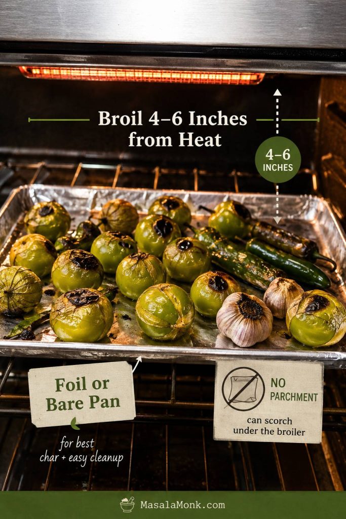 Sheet pan of tomatillos, green chile, and garlic under a broiler with guidance for heat distance and foil or bare pan