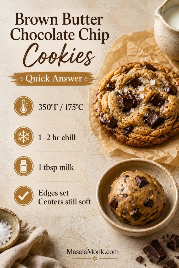 Quick answer guide for brown butter chocolate chip cookies showing 350°F, 1 to 2 hours chill time, 1 tablespoon milk, set edges, and soft centers.