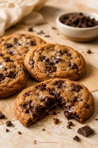 Brown butter chocolate chip cookies on parchment with rippled tops, crisp golden edges, chewy centers, and melted chocolate pockets.