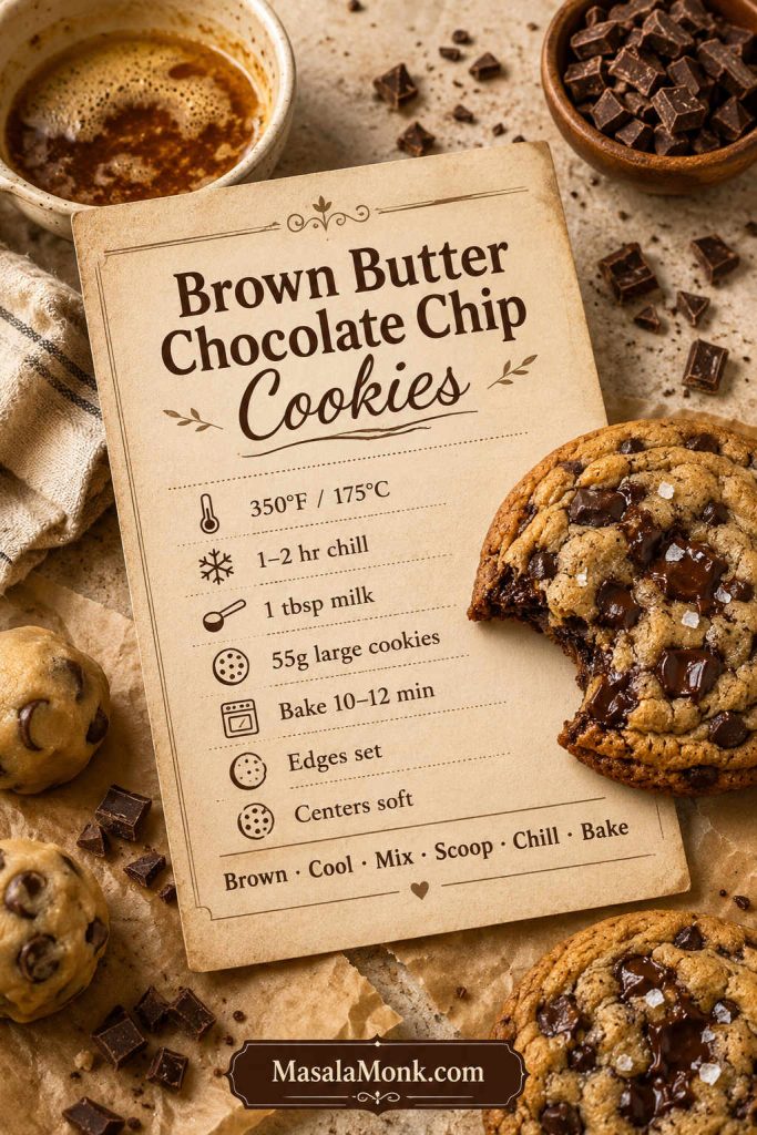 Brown butter chocolate chip cookies recipe card showing 350°F, 1 to 2 hours chill time, 1 tablespoon milk, 55 gram cookies, bake time, set edges, and soft centers.